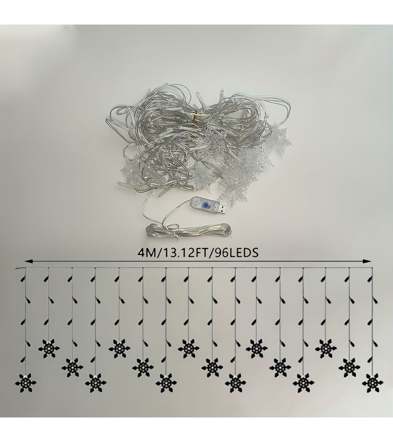 Battery Powered LED Snowflake Icicle Curtain Light Warm Yellow 157.48 Inch Christmas Decoration - Image 3