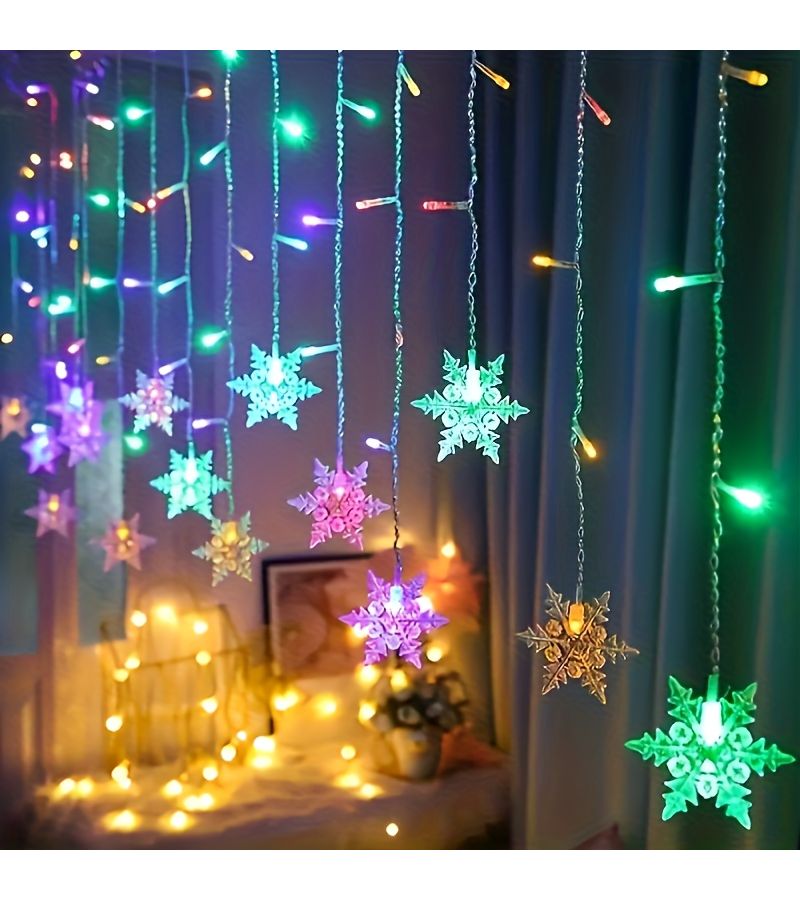 Battery Powered LED Snowflake Icicle Curtain Light Warm Yellow 157.48 Inch Christmas Decoration - Image 5