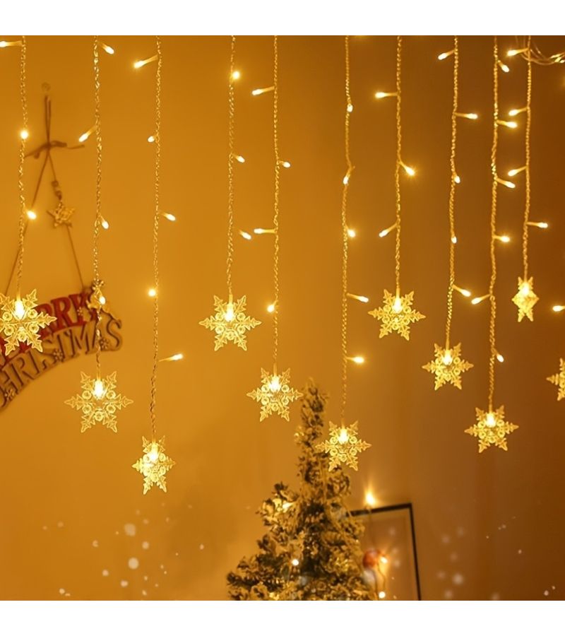 Battery Powered LED Snowflake Icicle Curtain Light Warm Yellow 157.48 Inch Christmas Decoration - Image 4