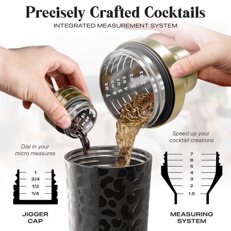 Bare Barrel Insulated Cocktail Shaker Set | Double Wall Stainless Steel | Martini Shaker For Home Bar Bartending | Built-In Drink Measurement System & Strainer  Travel Bag  35 Recipes | Gift Set (Leopard Gold) - Image 5