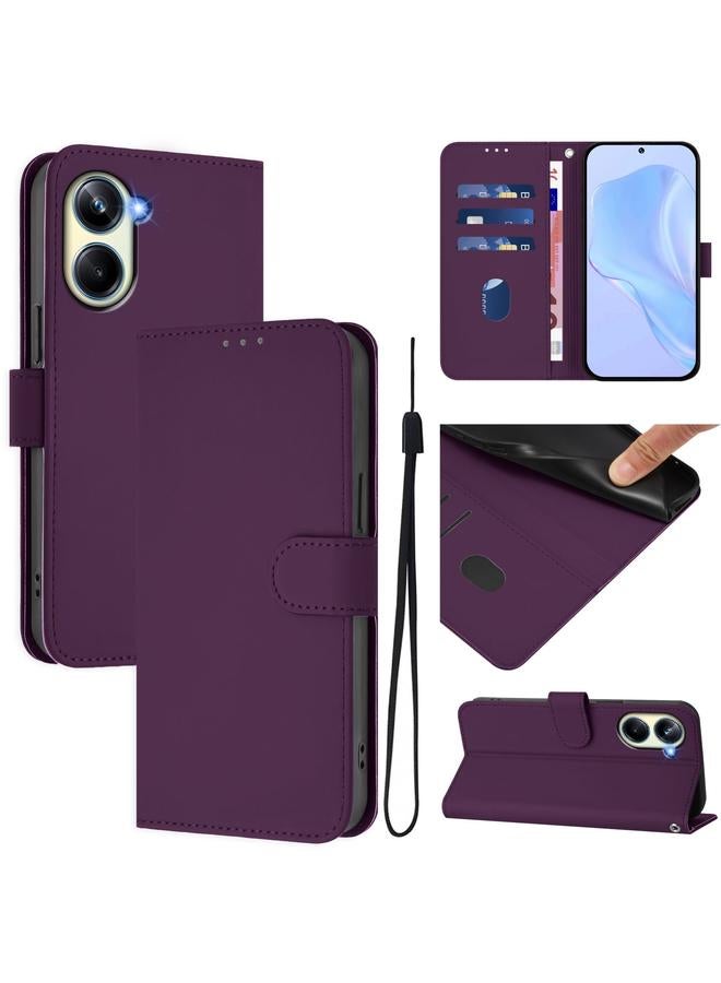 erorex Case For Realme 10 Pro 5G Skin Feel Solid Color Leather Phone Case with Lanyard - Image 1
