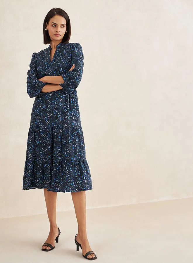 Femmella Floral Print Pleated Detail Notch Neck Tiered Midi Dress by Styli