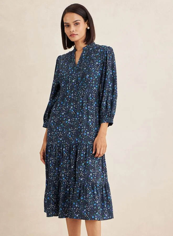 Femmella Floral Print Pleated Detail Notch Neck Tiered Midi Dress by Styli