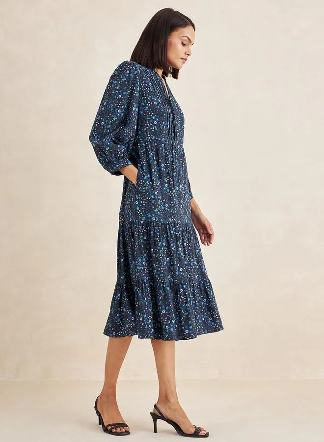 Femmella Floral Print Pleated Detail Notch Neck Tiered Midi Dress by Styli