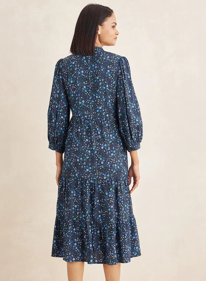 Femmella Floral Print Pleated Detail Notch Neck Tiered Midi Dress by Styli