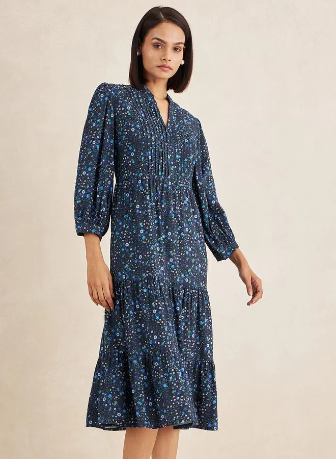 Femmella Floral Print Pleated Detail Notch Neck Tiered Midi Dress by Styli