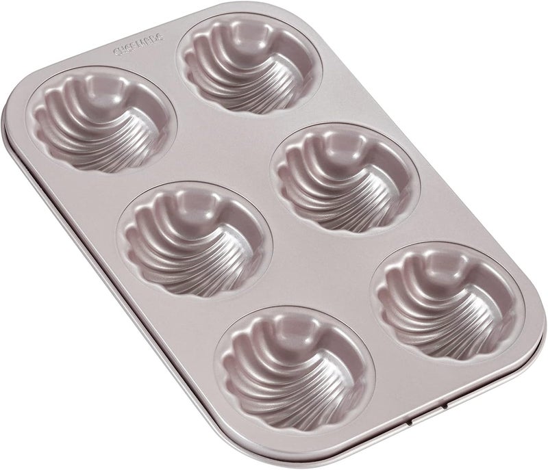 CHEFMADE Madeleine Mold Cake Pan, 6-Cavity Non-Stick Spherical Shell Madeline Bakeware for Oven Baking (Champagne Gold) - Image 1