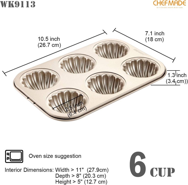 CHEFMADE Madeleine Mold Cake Pan, 6-Cavity Non-Stick Spherical Shell Madeline Bakeware for Oven Baking (Champagne Gold) - Image 2