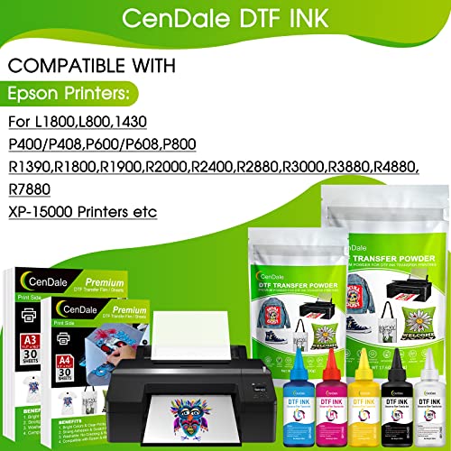 CenDale Premium DTF Ink 600ML- DTF Transfer Ink for PET Film, Refill for DTF Printers Epson ET-8550, XP-15000, L1800, L805, R1390, R2400, Heat Transfer Printing Direct to Film (100ml x 6, CMYK Wh) - Image 3