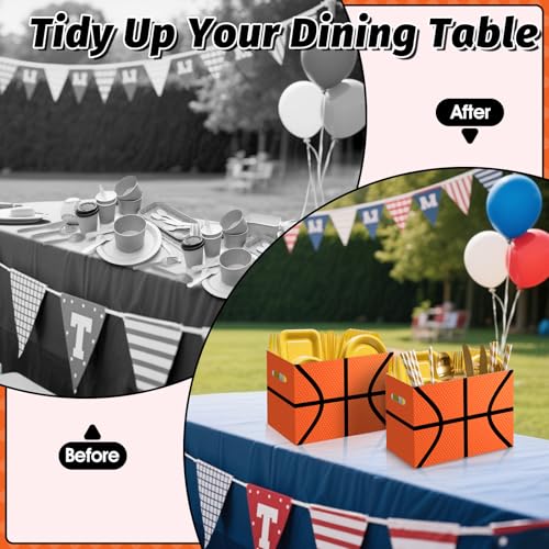 AKAIXI 2PCS Basketball Utensil Holder Paper Utensil Caddy for Basketball Party Decorations Disposable Cutlery Holder with Handles for Sports Birthday Party Supplies Boys Party Favors Cutlery Caddy - Image 5