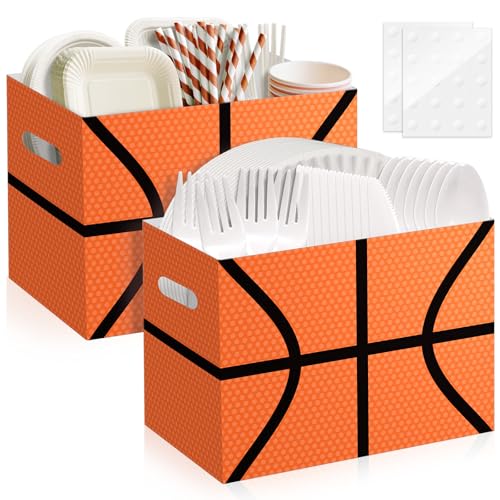 AKAIXI 2PCS Basketball Utensil Holder Paper Utensil Caddy for Basketball Party Decorations Disposable Cutlery Holder with Handles for Sports Birthday Party Supplies Boys Party Favors Cutlery Caddy - Image 1