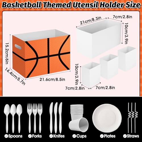 AKAIXI 2PCS Basketball Utensil Holder Paper Utensil Caddy for Basketball Party Decorations Disposable Cutlery Holder with Handles for Sports Birthday Party Supplies Boys Party Favors Cutlery Caddy - Image 2