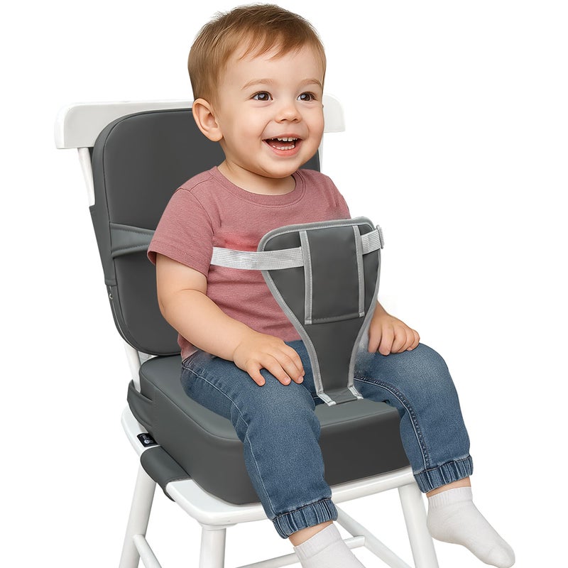 Eiury Toddler Booster Seat for Dining Table Kitchen Chair Booster Seat with Backrest and Adjustable Straps Non Slip Waterproof PU Cushion Portable Dining Chair Booster SeatDark Grey - Image 2