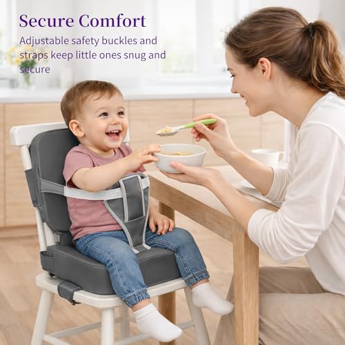 Eiury Toddler Booster Seat for Dining Table Kitchen Chair Booster Seat with Backrest and Adjustable Straps Non Slip Waterproof PU Cushion Portable Dining Chair Booster SeatDark Grey - Image 3