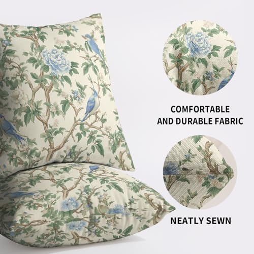 Smozenith Blue Green Chinoiserie Floral Pillow Covers 18X18 Set of 2, Flower Bird Pattern Sage Decorative Throw Pillow Covers Outdoor Vintage Farmhouse Cushion Cases Couch Sofa Bed Decor - Image 5