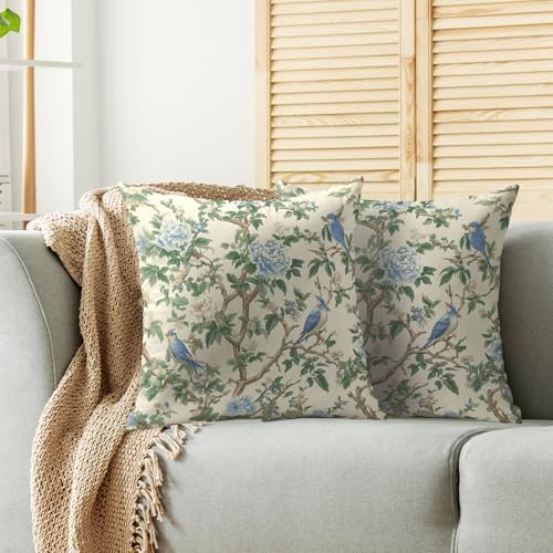 Smozenith Blue Green Chinoiserie Floral Pillow Covers 18X18 Set of 2, Flower Bird Pattern Sage Decorative Throw Pillow Covers Outdoor Vintage Farmhouse Cushion Cases Couch Sofa Bed Decor - Image 2