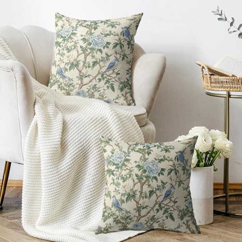Smozenith Blue Green Chinoiserie Floral Pillow Covers 18X18 Set of 2, Flower Bird Pattern Sage Decorative Throw Pillow Covers Outdoor Vintage Farmhouse Cushion Cases Couch Sofa Bed Decor - Image 3