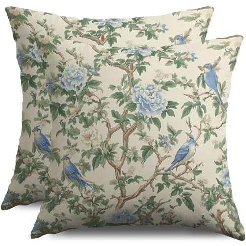 Smozenith Blue Green Chinoiserie Floral Pillow Covers 18X18 Set of 2, Flower Bird Pattern Sage Decorative Throw Pillow Covers Outdoor Vintage Farmhouse Cushion Cases Couch Sofa Bed Decor - Image 1