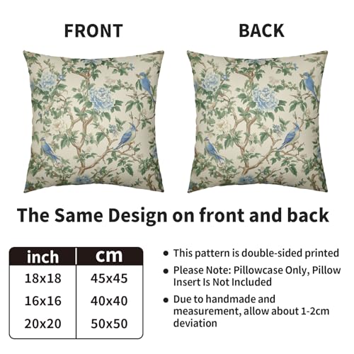Smozenith Blue Green Chinoiserie Floral Pillow Covers 18X18 Set of 2, Flower Bird Pattern Sage Decorative Throw Pillow Covers Outdoor Vintage Farmhouse Cushion Cases Couch Sofa Bed Decor - Image 4