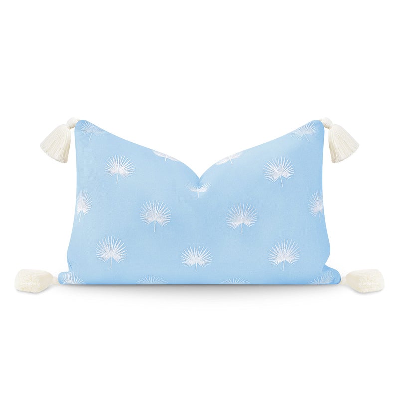 Hofdeco Premium Coastal Hampton Style Patio Indoor Outdoor Lumbar Pillow Cover Only 12x20 Water Resistant for Backyard Couch Baby Blue Embroidered Palm Leaf Tassel