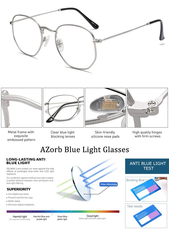 AZorb Metal Blue Light Glasses for men women Square Clear Lens eyeglasses Anti blue light blocking eye glasses for Reading Gaming Computer Phone Silver  - Image 2