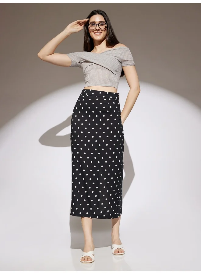 Women Black Polka Dot Print Midi Rise Back Slit Pencil Midi Skirt