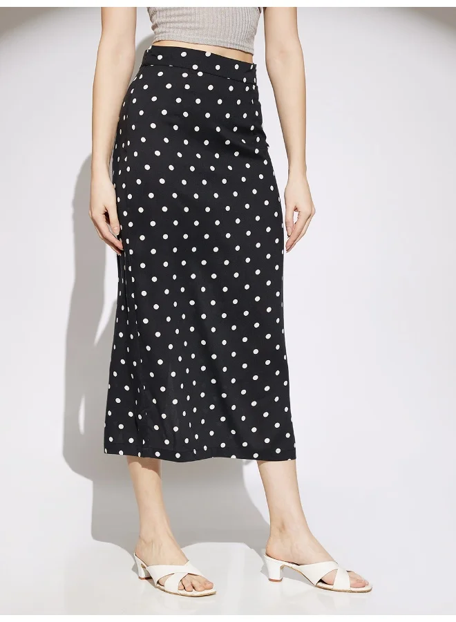 globus  Women Black Polka Dot Print Midi Rise Back Slit Pencil Midi Skirt for Women | Best Price UAE