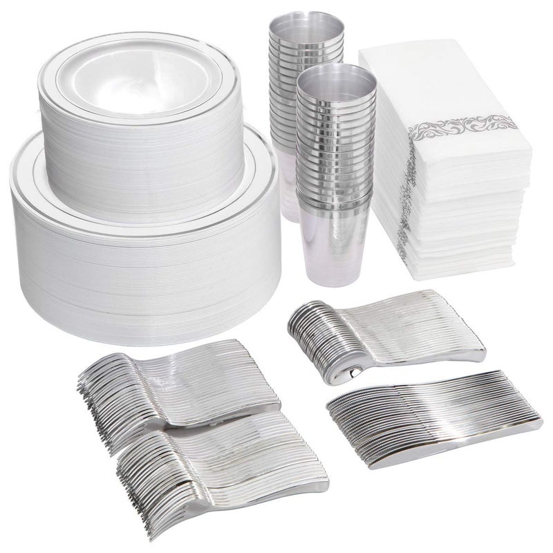 I00000 700 Piece Silver Dinnerware Set for 100 Guests100 Dinner Plates 100 Dessert Plates 100 Disposable Cups 10 oz 100 Paper Napkins 100 Plastic Silverware Set Perfect for Party  Wedding