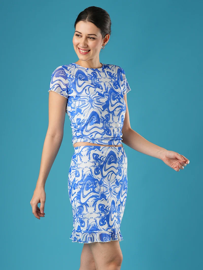 globus Women Blue Abstract Printed Ruched Top & Flounce Skirt