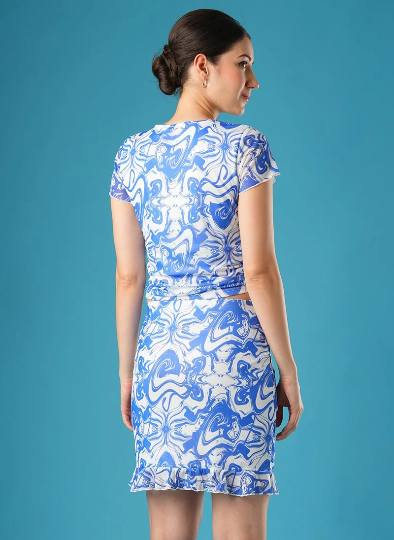 globus Globus Women Blue Abstract Printed Ruched Top & Flounce Skirt