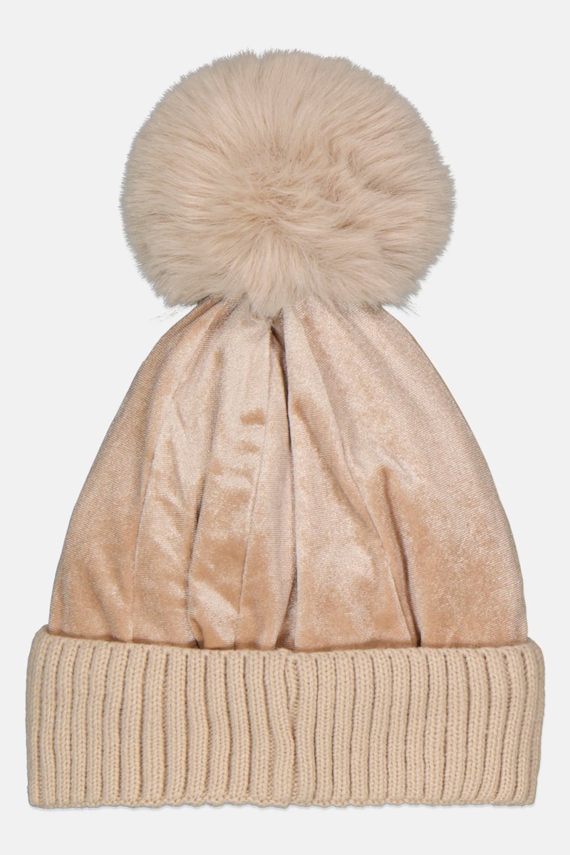 Justin Gregory Women Pom Pom Velvet Knitted Beanie, Cream  - Image 2