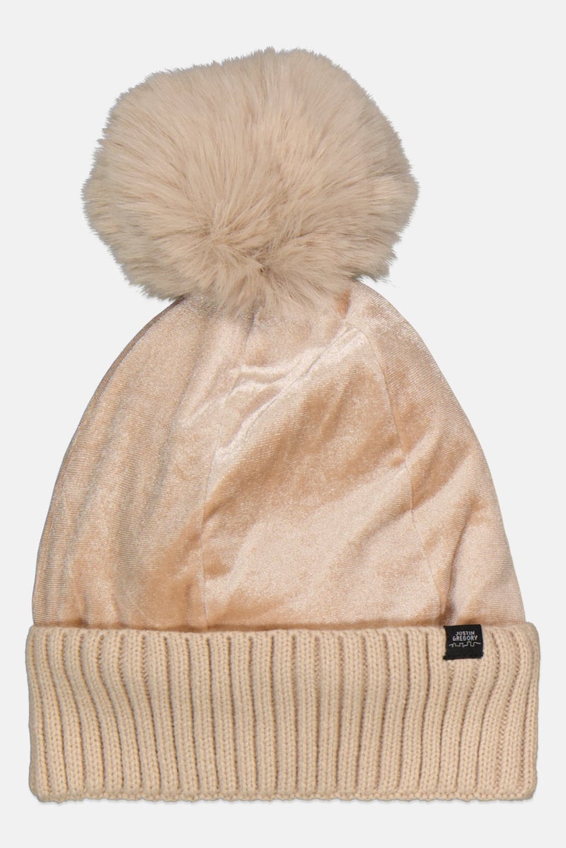 Justin Gregory Women Pom Pom Velvet Knitted Beanie, Cream  - Image 1