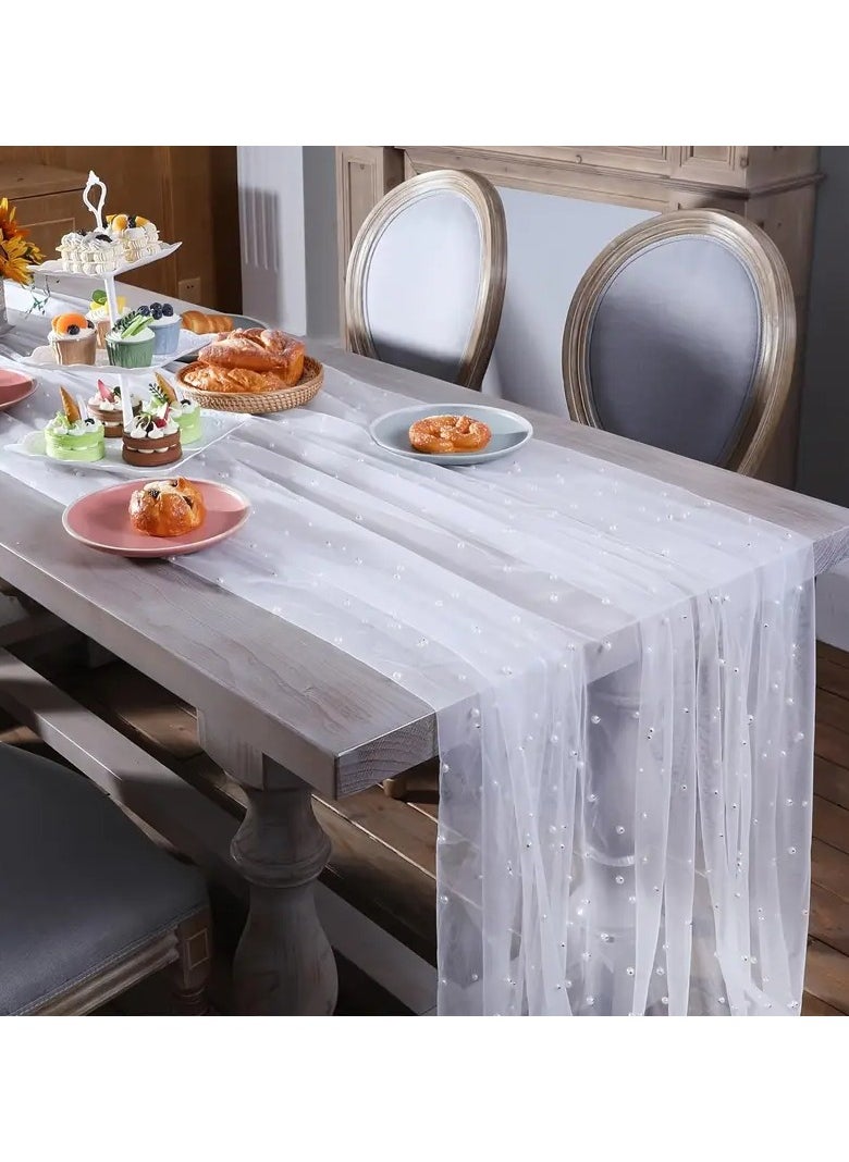 Goolsky - Artificial Pearl Decor Table Banner, White Pearl Tulle Table Runner Wedding Decoration, Extra Long Table Runner For Wedding Arch Reception Bride Gift, Table Decoration - Image 1