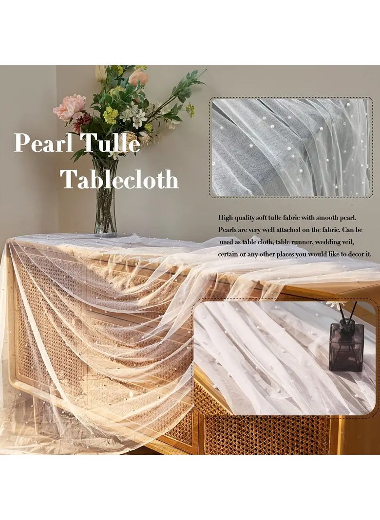 Goolsky - Artificial Pearl Decor Table Banner, White Pearl Tulle Table Runner Wedding Decoration, Extra Long Table Runner For Wedding Arch Reception Bride Gift, Table Decoration - Image 1