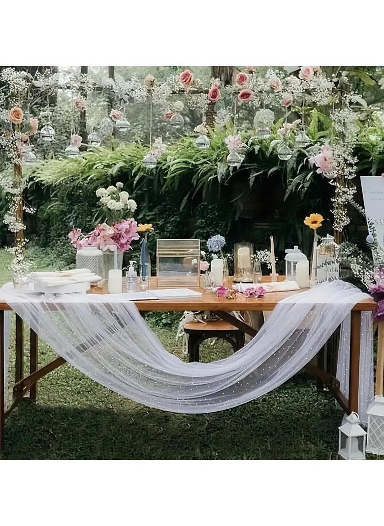 Goolsky - Artificial Pearl Decor Table Banner, White Pearl Tulle Table Runner Wedding Decoration, Extra Long Table Runner For Wedding Arch Reception Bride Gift, Table Decoration - Image 1