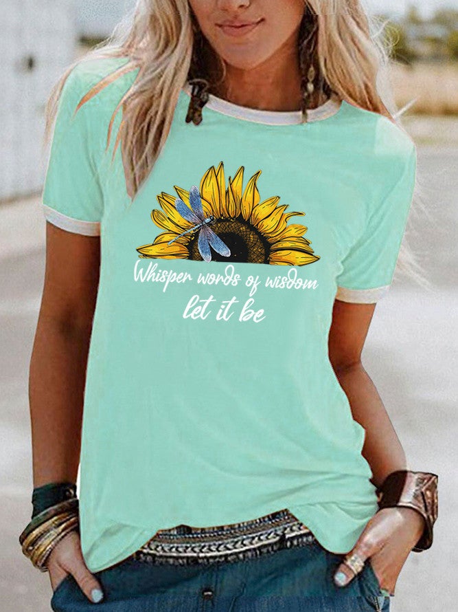 Wish Sunflower Dragonfly Pattern Printed Edge Contrast Short Sleeve T-Shirt - Image 3