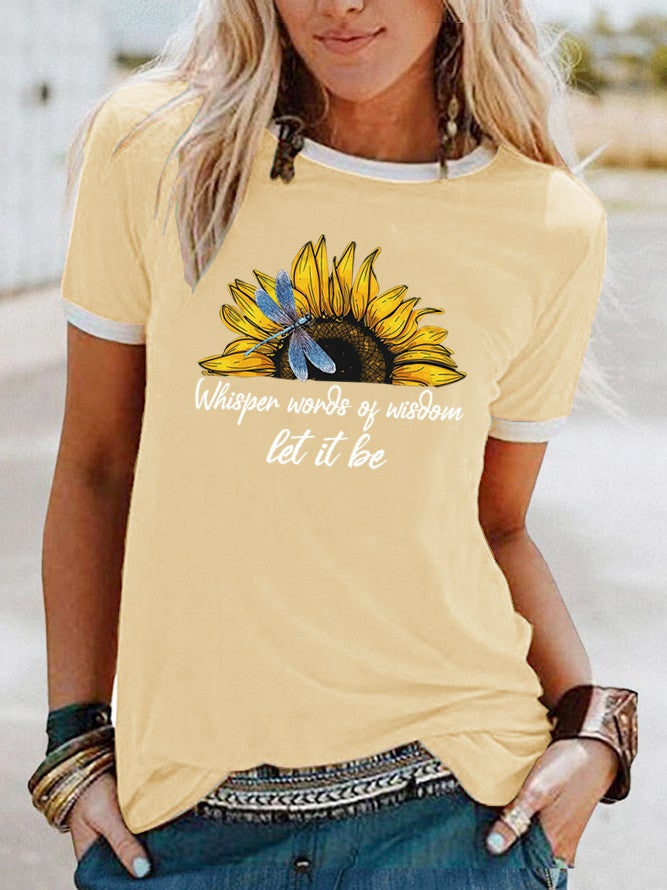 Wish Sunflower Dragonfly Pattern Printed Edge Contrast Short Sleeve T-Shirt - Image 4