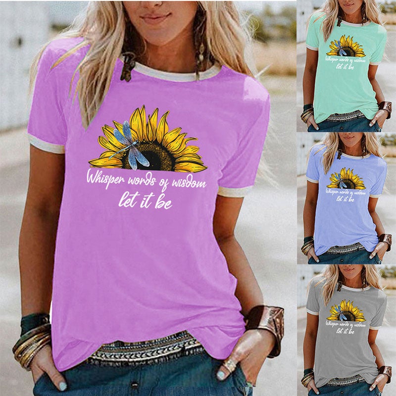 Wish Sunflower Dragonfly Pattern Printed Edge Contrast Short Sleeve T-Shirt - Image 2