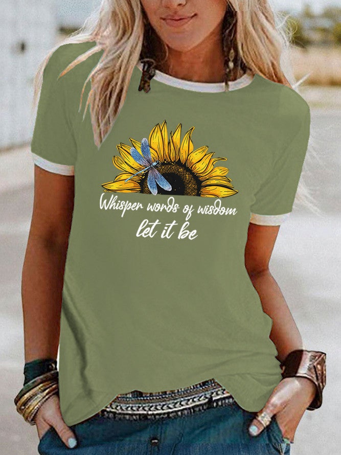 Wish Sunflower Dragonfly Pattern Printed Edge Contrast Short Sleeve T-Shirt - Image 5