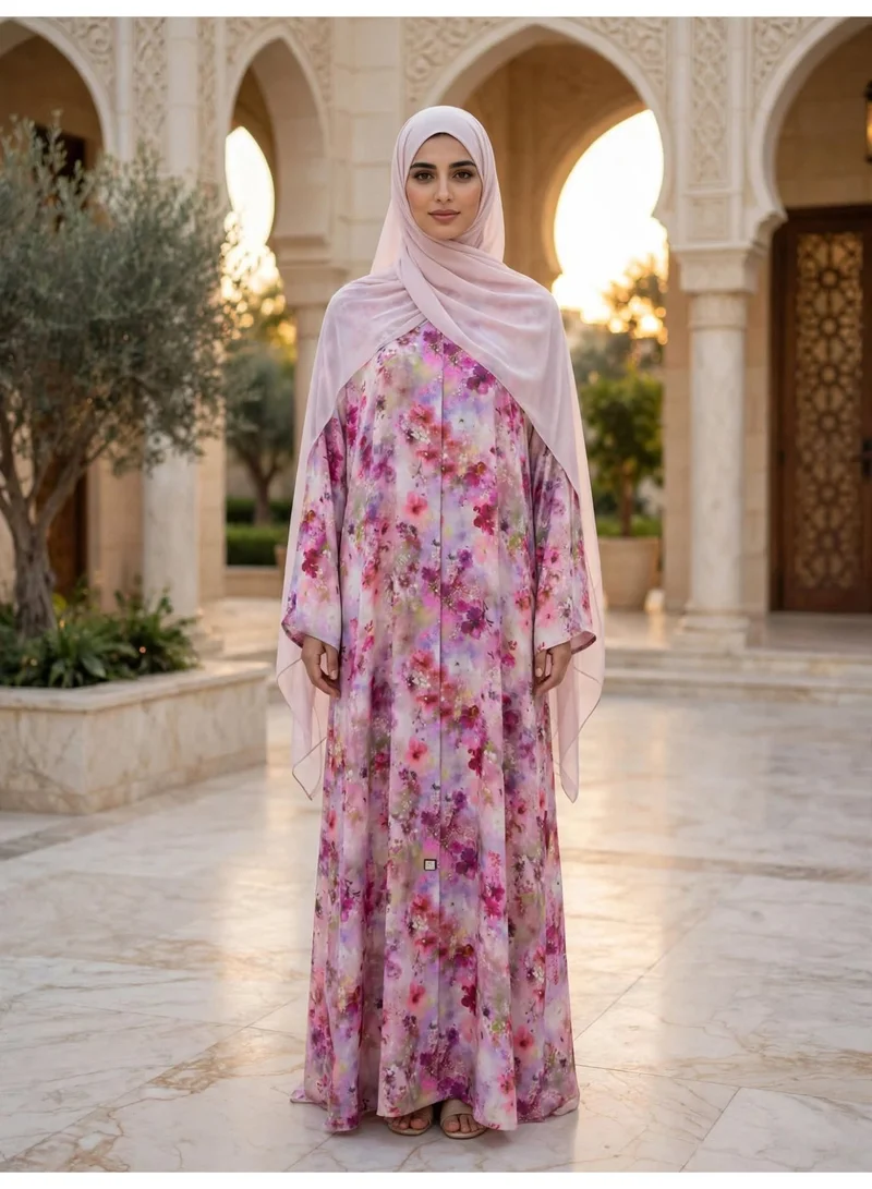 Floral Printed Abaya with Draped Hijab and Wide Sleeves