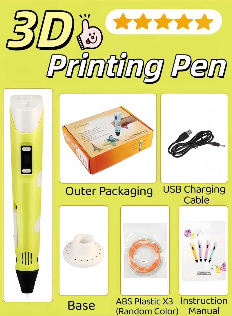 3D Printing Pen,Cute Doodle Arts Craft Drawing USB Pen Set,Kids DIY Gift, Doodle Arts Craft Drawing, Compatible with PLA and ABS Filament, Adjustable Temperature and Speed, for Graffiti, Drawing, Model Making,Education RBT Starter Kit Kids Toy Generation Smart Children's Gift Three-Dimensional Painting Creative Room Temperature Pen + 3D Printing Line Set（Yellow） - Image 1