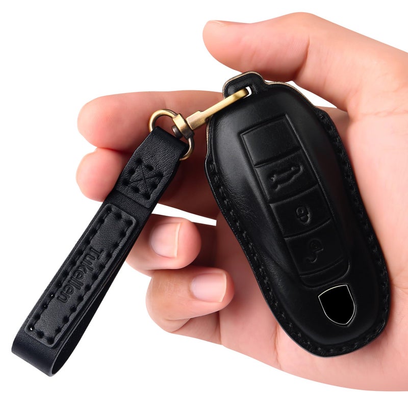 Tukellen for Porsche Leather Key Fob Cover with Keychain Key Shell Compatible with Panamera Macan Cayenne 911Black