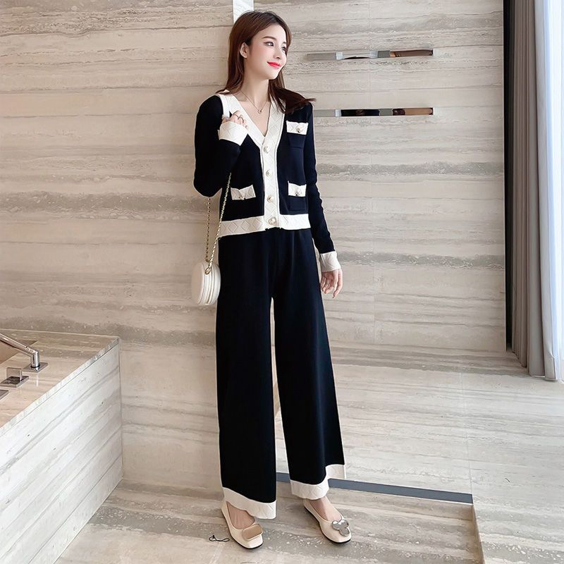 2023 Autumn Fashion Knit Pants Set Women Black - Image 3