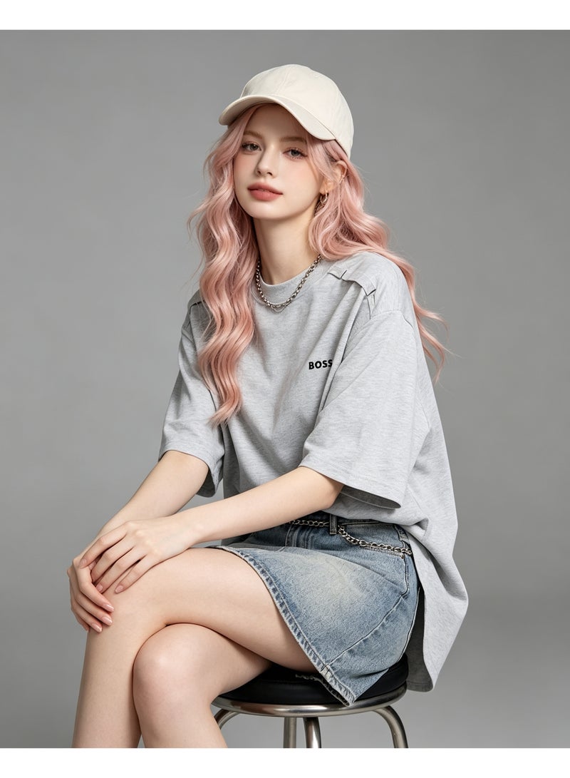 BOSS Unisex Casual Short Sleeve Crew Neck Loose Fit Everyday Wear Streetwear T‑Shirt Heather Grey - Image 5