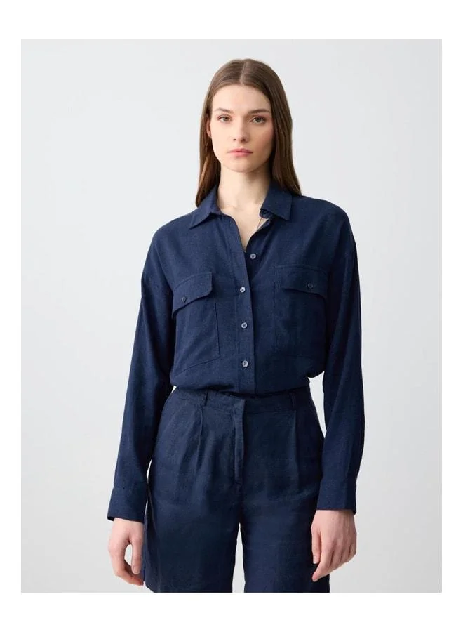 Jimmy Key Navy Long-Sleeve Pocket Woven Linen-Blend Shirt.