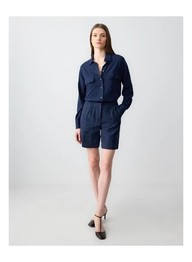 Jimmy Key Navy Long-Sleeve Pocket Woven Linen-Blend Shirt.