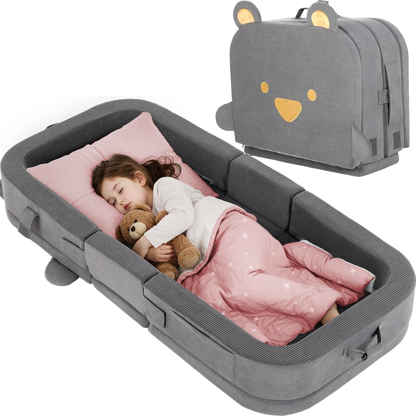 MAMIZO Toddler Travel Bed,Foldable Portable Toddler Floor Bed with Soft Foam for Baby and Kids Aged 1-4,Washable Cover Travel Crib with Safety Rail for Home,Hotel,Family Visits,Camping,Grey