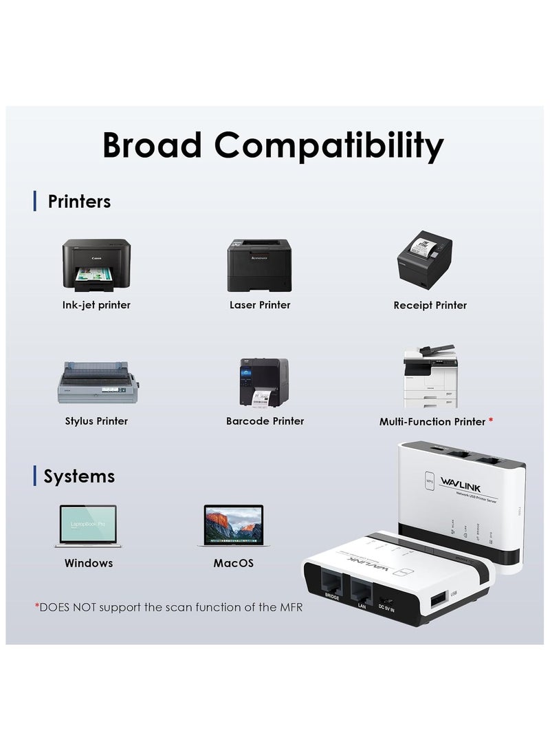 واف لينك خادم طباعة لاسلكي من WAVLINK بمنفذين USB 2.0، يدعم LAN بسرعة 100 ميجابت، أوضاع WiFi وBridge، متوافق مع ويندوز وماك، يدعم الطابعات بنظام RAW - Image 5