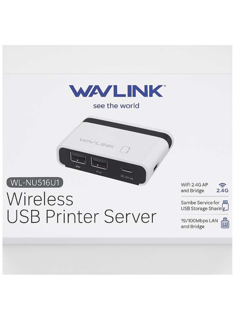 واف لينك خادم طباعة لاسلكي من WAVLINK بمنفذين USB 2.0، يدعم LAN بسرعة 100 ميجابت، أوضاع WiFi وBridge، متوافق مع ويندوز وماك، يدعم الطابعات بنظام RAW - Image 3
