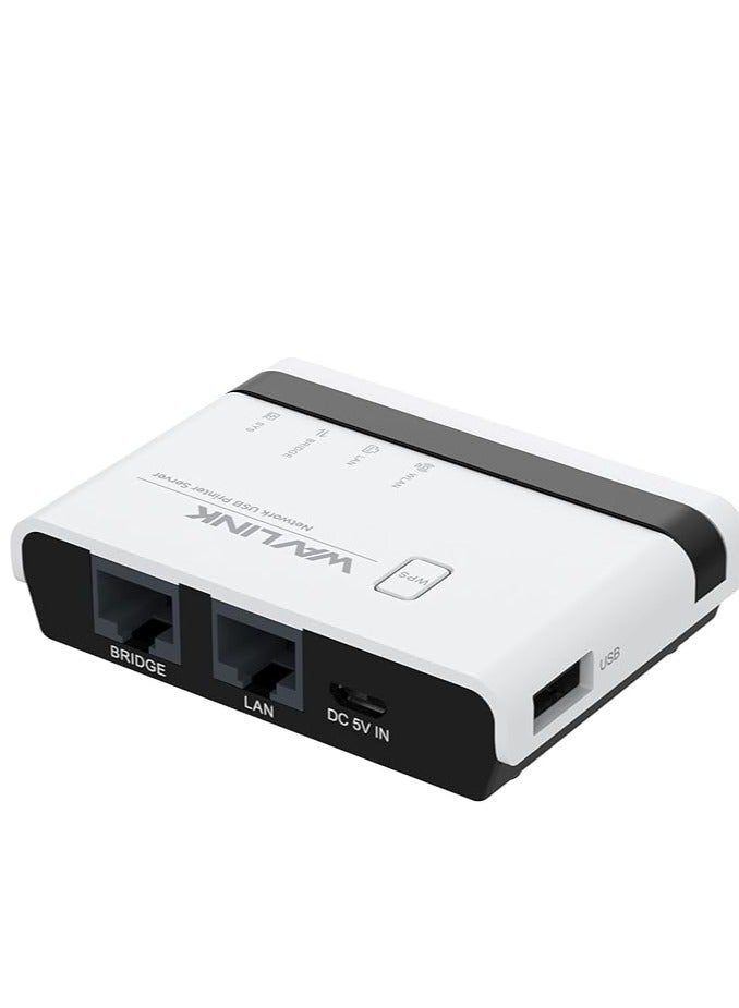 واف لينك خادم طباعة لاسلكي من WAVLINK بمنفذين USB 2.0، يدعم LAN بسرعة 100 ميجابت، أوضاع WiFi وBridge، متوافق مع ويندوز وماك، يدعم الطابعات بنظام RAW - Image 1